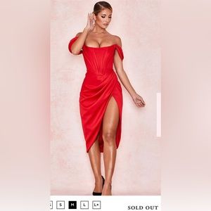 House of CB LORETTA 
RED SATIN OFF SHOULDER CORSET DRESS